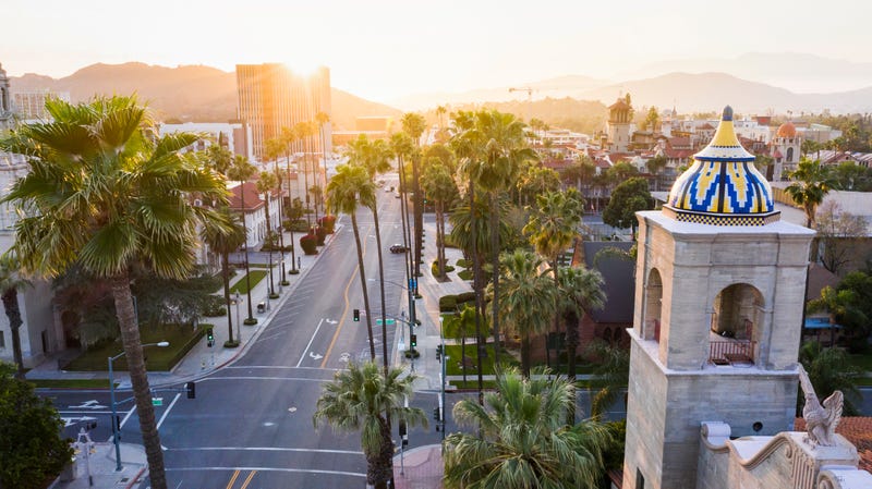 Sunset aerial view of downtown Riverside, California.