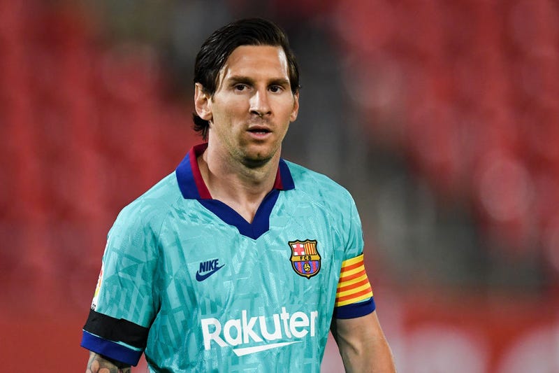Lionel Messi of FC Barcelona looks on during the Liga match between RCD Mallorca and FC Barcelona at Estadio de Son Moix on June 13, 2020 in Mallorca, Spain.