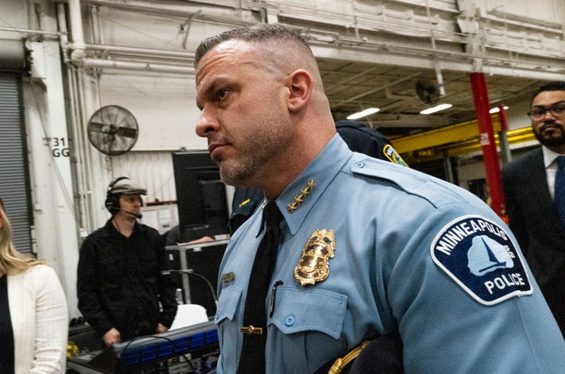Minneapolis Chief of Police Brian O'Hara arrives during a visit by U.S. President Joe Biden to the Cummins Power Generation facility on April 3, 2023 in Fridley, Minnesota.