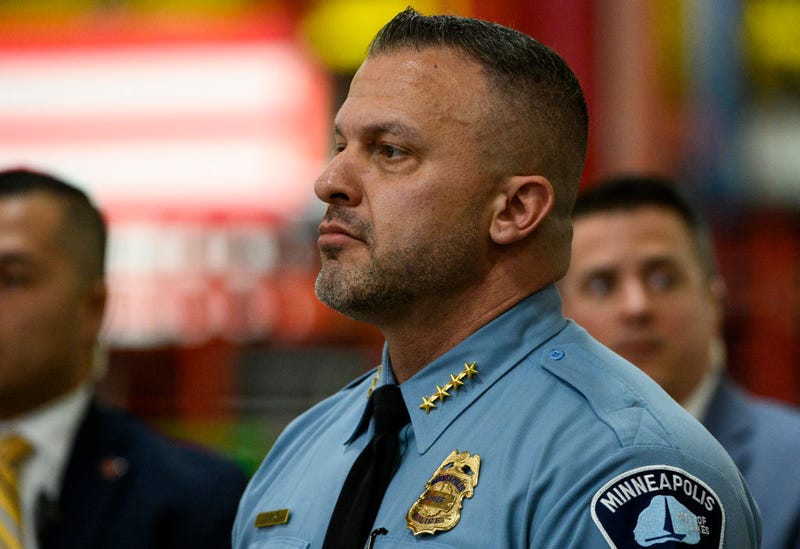 Minneapolis Chief of Police Brian O'Hara arrives during a visit by U.S. President Joe Biden to the Cummins Power Generation facility on April 3, 2023 in Fridley, Minnesota.