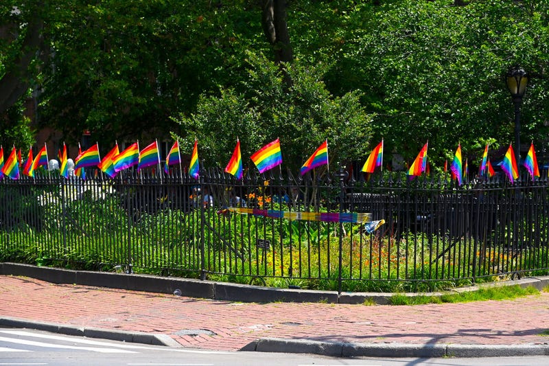 Pride flags decorate Christopher Park on June 20, 2020, in New York City.