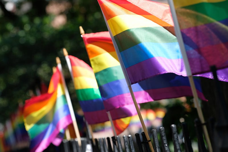 Pride flags decorate Christopher Park in New York City.