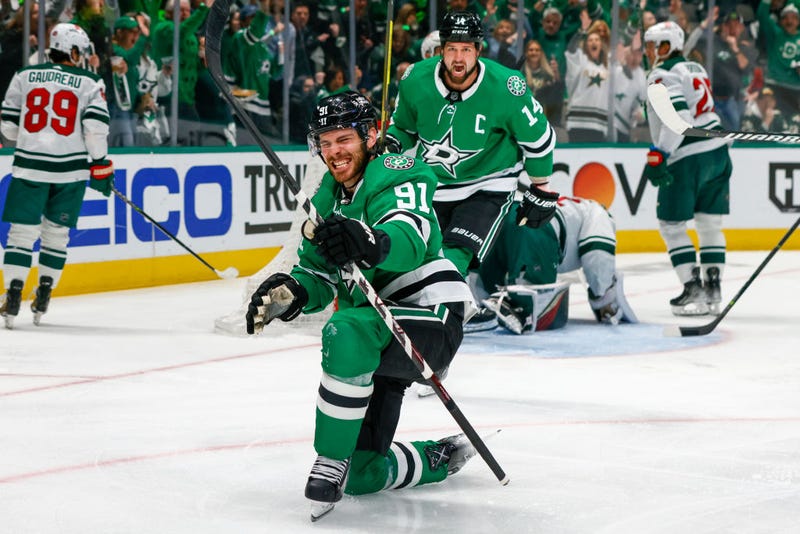 Dallas Stars center Tyler Seguin (91) celebrates scoring a goal during the game between the Dallas Stars and the Minnesota Wild on April 25, 2023