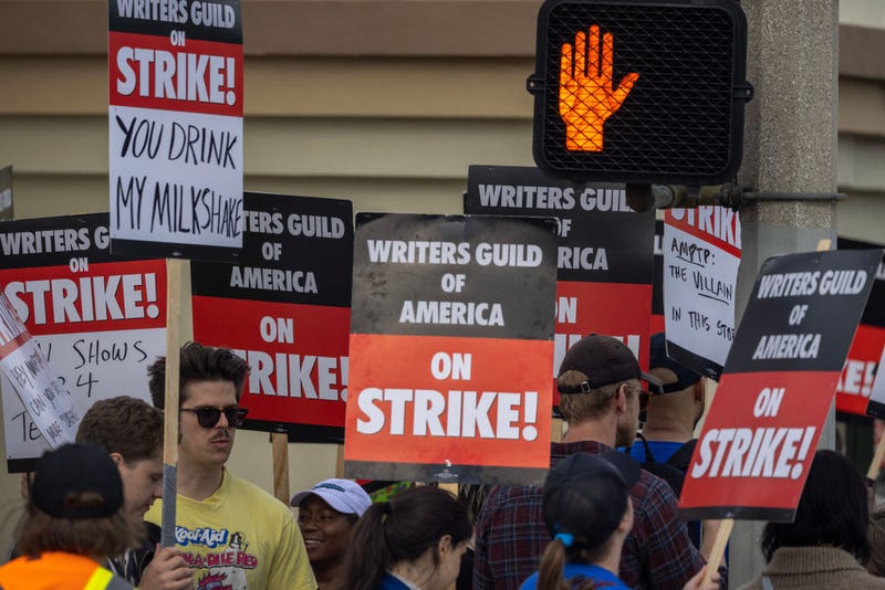 People picket outside of Paramount Pictures studios during the Hollywood writers strike on May 4, 2023 in Los Angeles, California.