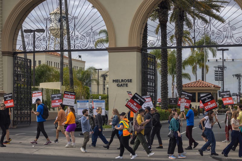 People picket outside of Paramount Pictures studios during the Hollywood writers strike on May 4, 2023 in Los Angeles, California.