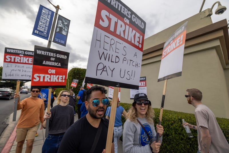 People picket outside of Paramount Pictures studios during the Hollywood writers strike on May 4, 2023 in Los Angeles, California.