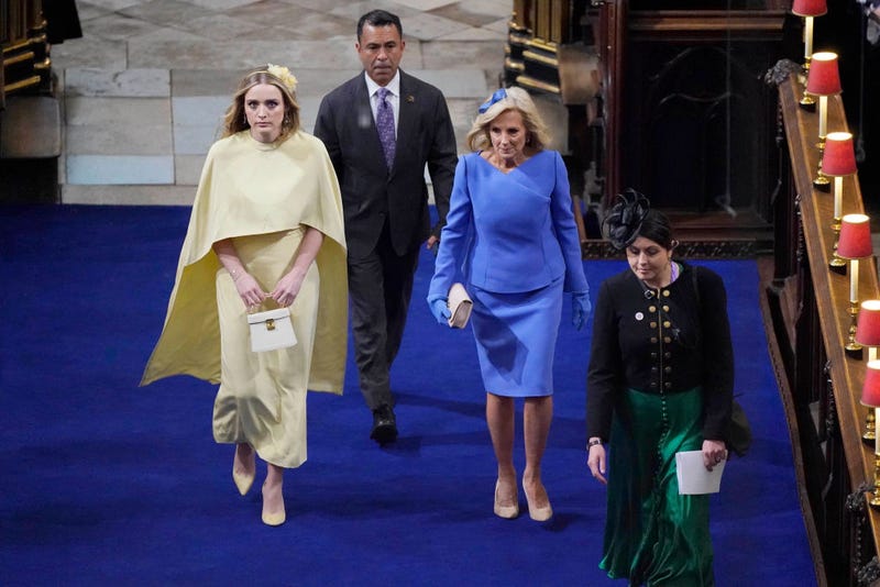 First Lady of the United States, Dr Jill Biden, and her granddaughter Finnegan Biden ahead of the Coronation of King Charles III and Queen Camilla on May 6, 2023 in London, England. The Coronation of Charles III and his wife, Camilla, as King and Queen of the United Kingdom of Great Britain and Northern Ireland, and the other Commonwealth realms takes place at Westminster Abbey today. Charles acceded to the throne on 8 September 2022, upon the death of his mother, Elizabeth II. (Photo by Andrew Matthews - WPA Pool/Getty Images)