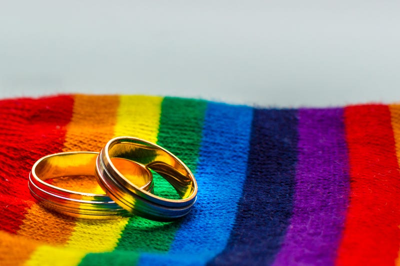 two wedding rings on a rainbow background