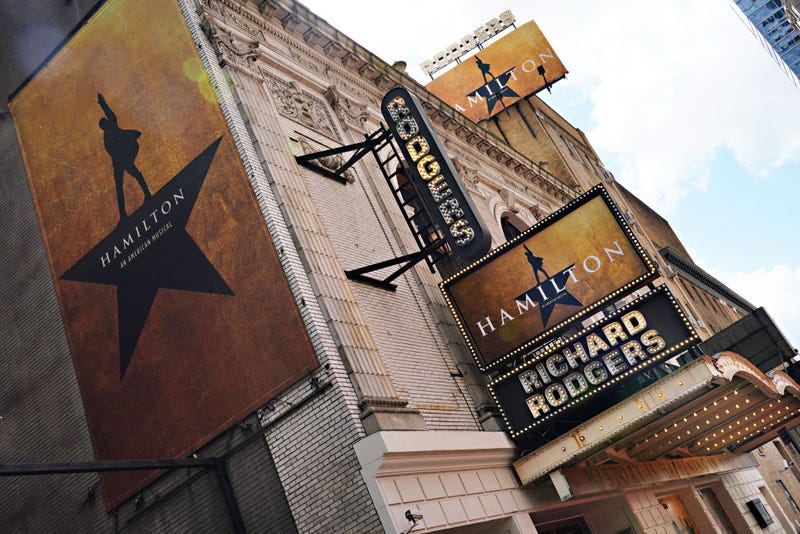 A view of the marquee at Hamilton: An American Musical at the Richard Rodgers Theatre on June 29, 2020 in New York City. Broadway will remain closed until 2021 due to the ongoing coronavirus pandemic. (Photo by Cindy Ord/Getty Images)