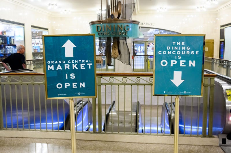 Signs directing costumers to the dining concourse at Grand Central Terminal as New York City moves into Phase 2 of re-opening following COVID-19 restrictions. June 30, 2020.