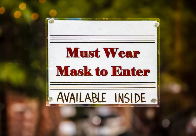 Must wear mask to enter Available inside - homemade sign on door
