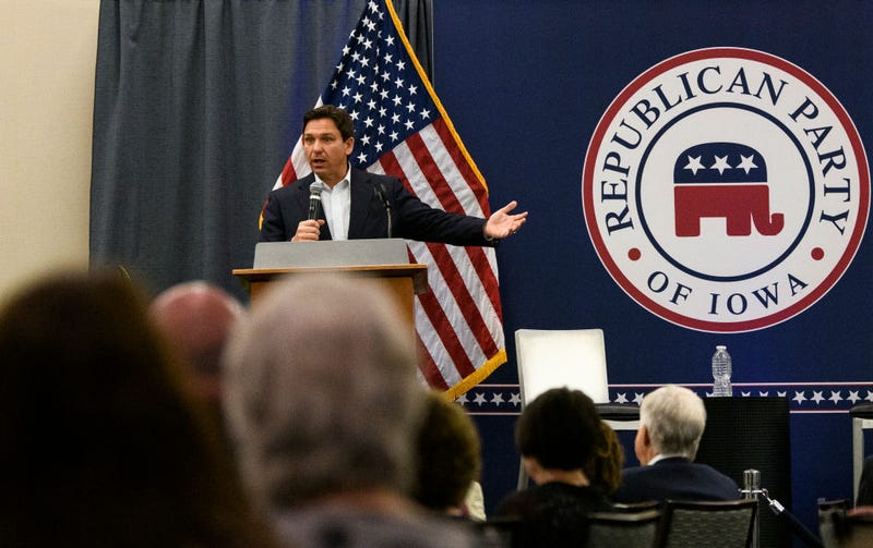 Florida Gov. Ron DeSantis speaks during an Iowa GOP reception on May 13, 2023 in Cedar Rapids, Iowa. 