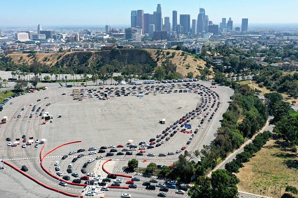 Aerial view of cars lined up for Covid-19 testing at Dodger Stadium parking lot
