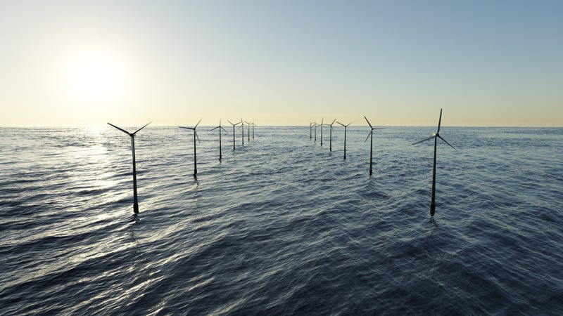 A 3D rendering of an offshore wind farm.