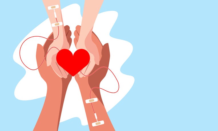 Hands are holding a red heart. Blood donation concept.