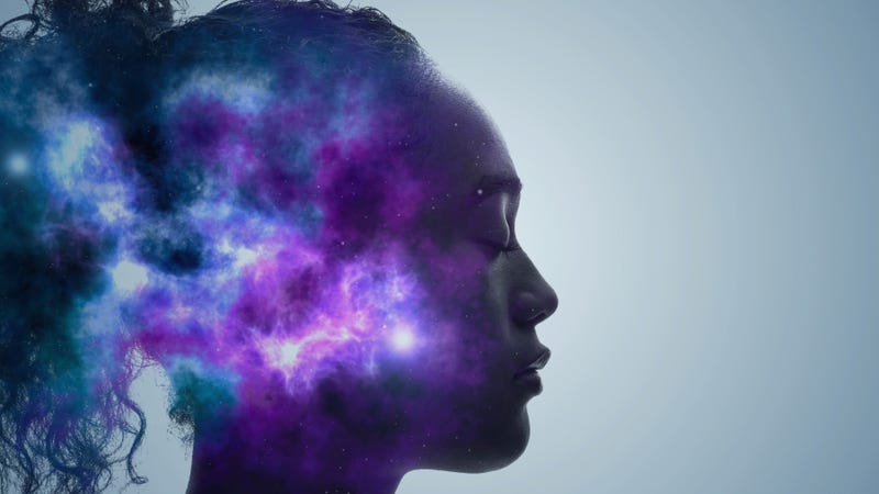Galaxy on human face art stock photo. 