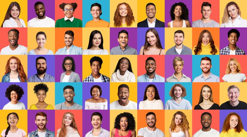 Diversity. Set Of Mixed Race People Portraits Smiling To Camera On Different Colorful Backgrounds.