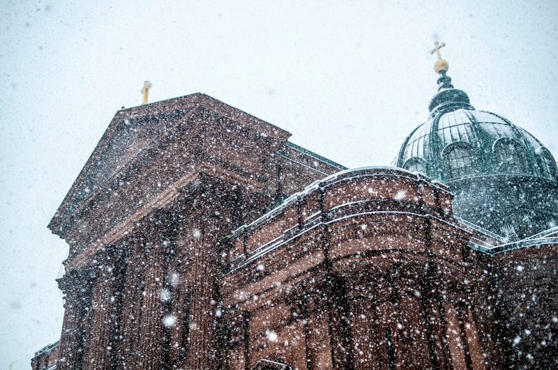 The Cathedral Basilica of Saints Peter and Paul during a snowfall