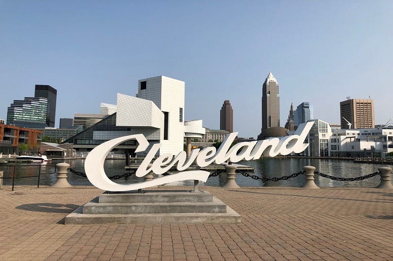 Cleveland script sign in front of the Rock and Roll Hall of Fame