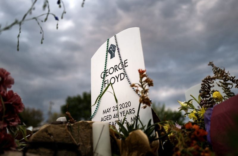 A headstone for George Floyd stands in the "Say Their Names" cemetery at George Floyd Square in Minneapolis, Minnesota.