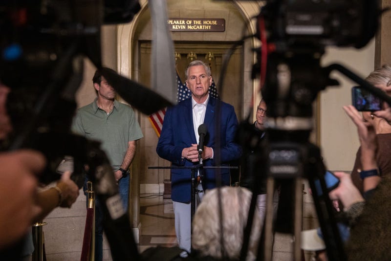 Speaker of the House Kevin McCarthy (R-CA) speaks to the press after an "agreement principle" was reached between House Republicans and President Joe Biden's team to avoid a default on the U.S. debt at the U.S. Capitol on May 28, 2023 in Washington, DC.