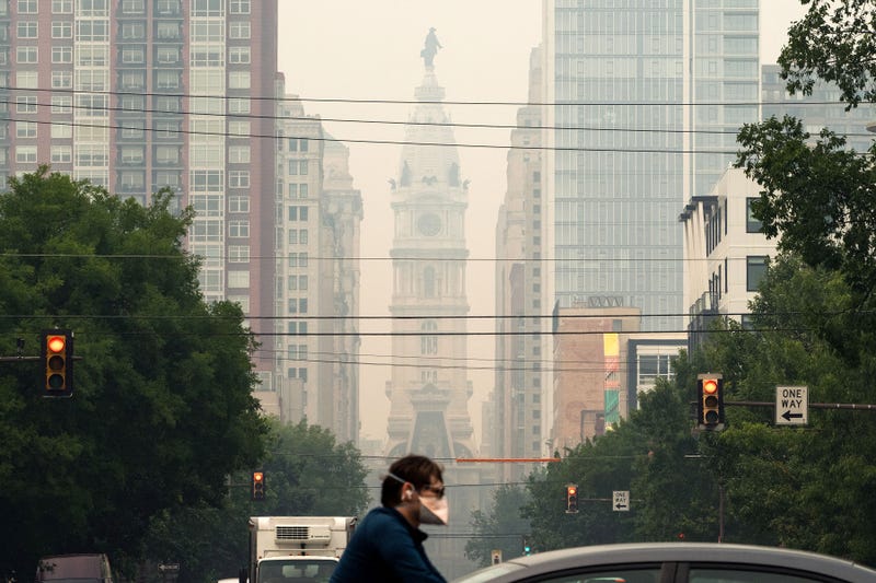 A haze covers Philadelphia City Hall, caused by smoke from Canada's wildfires, on June 7, 2023.