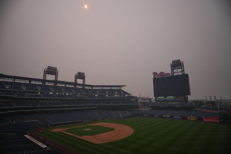 A general view of Citizens Bank Park during hazy conditions due to wildfires in Canada on June 7, 2023 in Philadelphia, Pennsylvania. 
