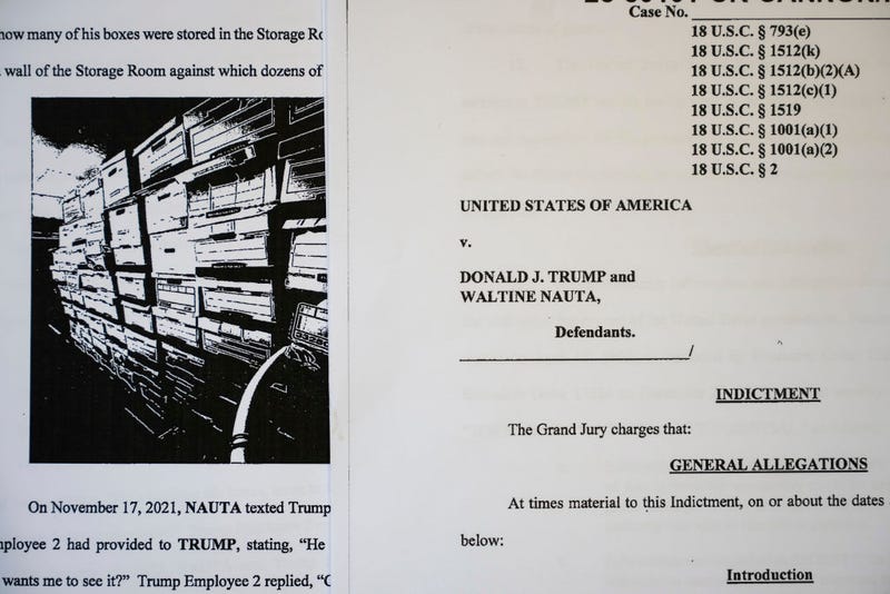 In this photo illustration, pages are viewed from the unsealed federal indictment of former U.S. President Donald Trump on June 9, 2023 in Washington, DC. Former U.S. President Donald Trump has been indicted on 37 felony counts in Special Counsel Jack Smith's classified documents probe. (Photo Illustration by Drew Angerer/Getty Images)