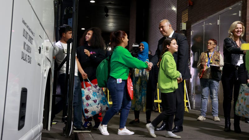 Asylum seekers are greeted at the Port Authority in Manhattan.