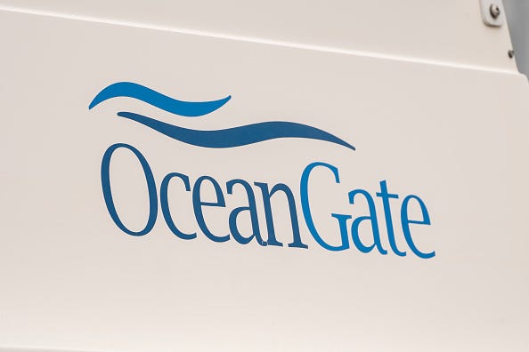 The OceanGate logo is seen on a vessel stored near the OceanGate offices on June 21, 2023 in Everett, Washington. 