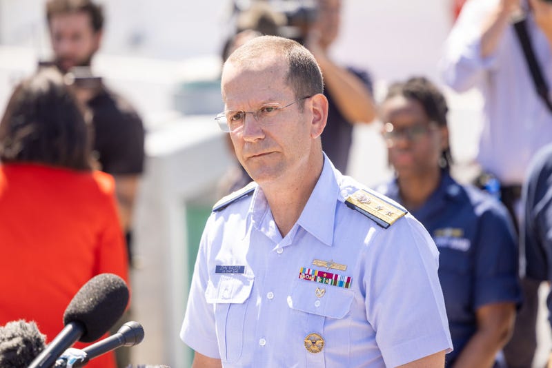 Rear Adm. John Mauger, the First Coast Guard District commander, gives an update on the search efforts for five people aboard a missing submersible approximately 900 miles off Cape Cod, on June 22, 2023 in Boston, Massachusetts. 