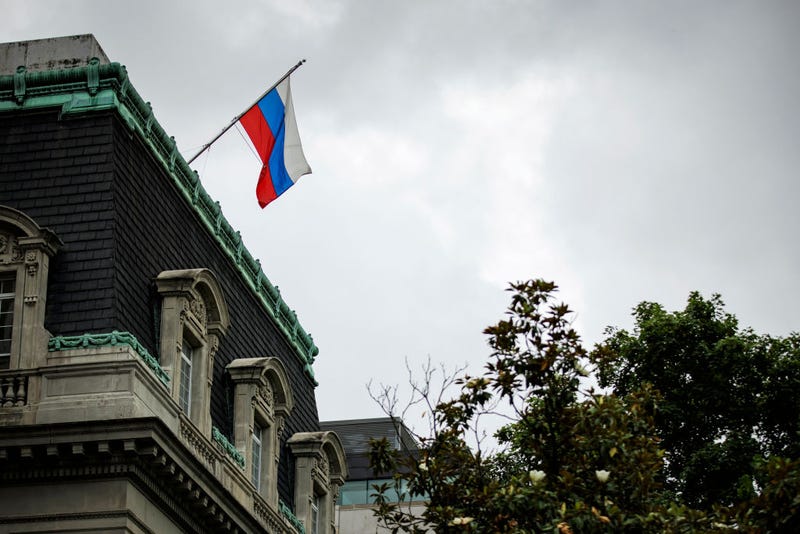 The Russian flag flies above the Russian Ambassador's residence a few blocks north of the White House on June 24, 2023 in Washington, DC.