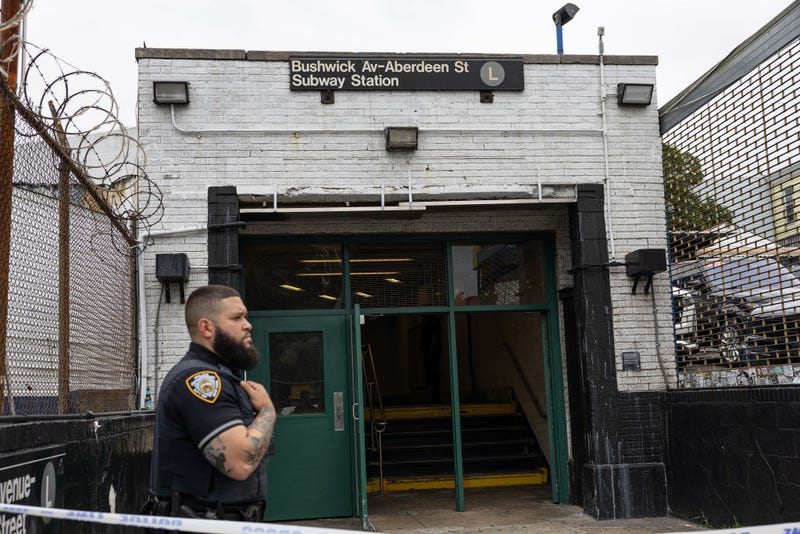 NYPD at the L stop Bushwick Ave-Aberdeen St. train station where one person was killed and another in stable condition after being hit by a train, Brooklyn, New York, Thursday, June 22, 2023.