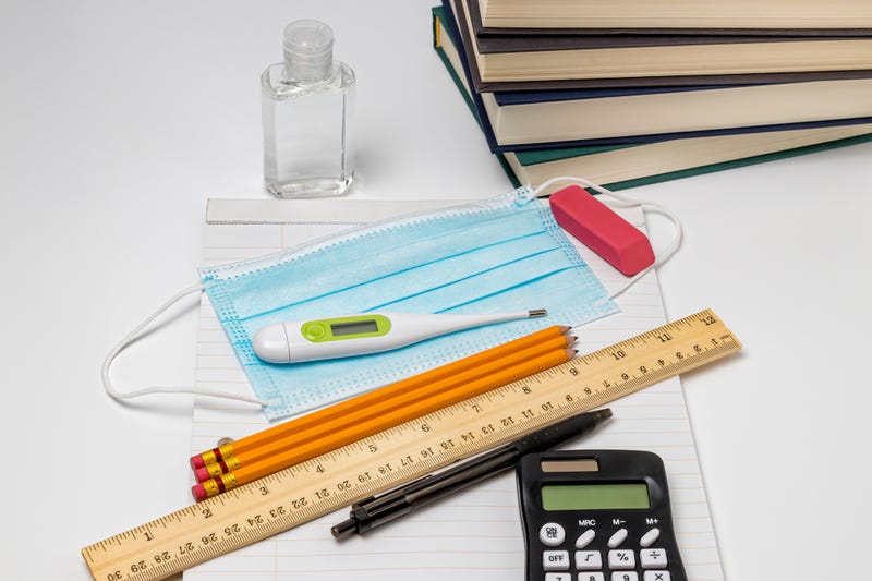 School supplies, face mask covering, hand sanitizer and thermometer. Concept of school reopening, new normal during Covid-19 coronavirus pandemic - stock photo