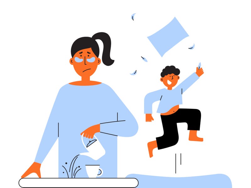 Frustrated parent concept. Exhausted mom pours coffee past cup. Naughty child plays noisily and jumps. Tired mother and hyperactive son. Difficult parenting vector illustration.