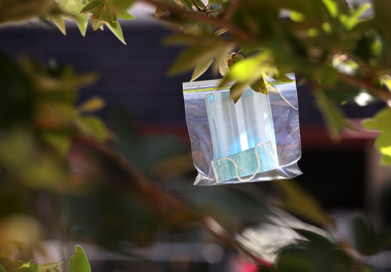 A surgical mask in a Ziploc bag hangs from a tree at Creek Park on August 10, 2020 in San Anselmo, California.