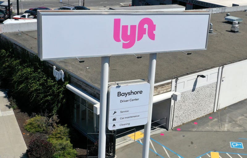 A sign is posted in front of a Lyft driver center on August 12, 2020 in San Francisco, California.