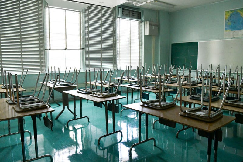 An empty classroom is seen at Hollywood High School on August 13, 2020 in Hollywood, California. 