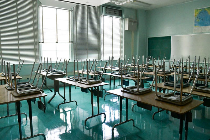 An empty classroom is seen at Hollywood High School on August 13, 2020 in Hollywood, California.