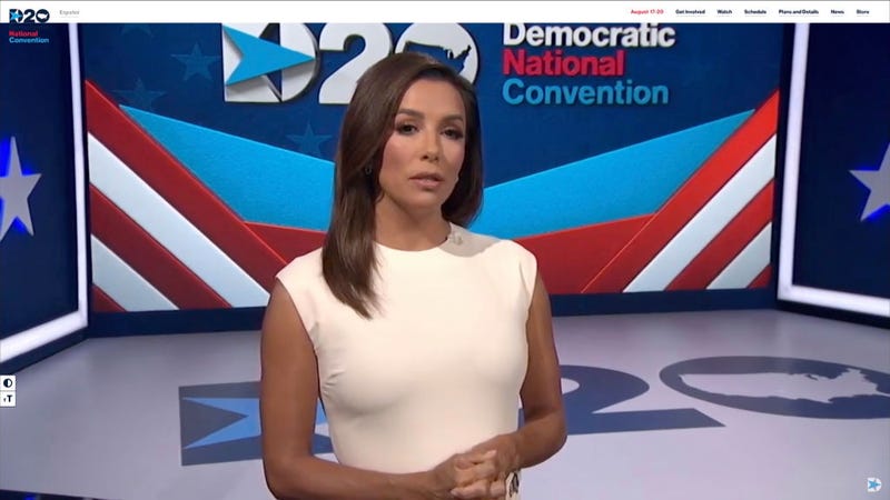 In this screenshot from the DNCC’s livestream of the 2020 Democratic National Convention, actress and activist Eva Longoria addresses the virtual convention on August 17, 2020.