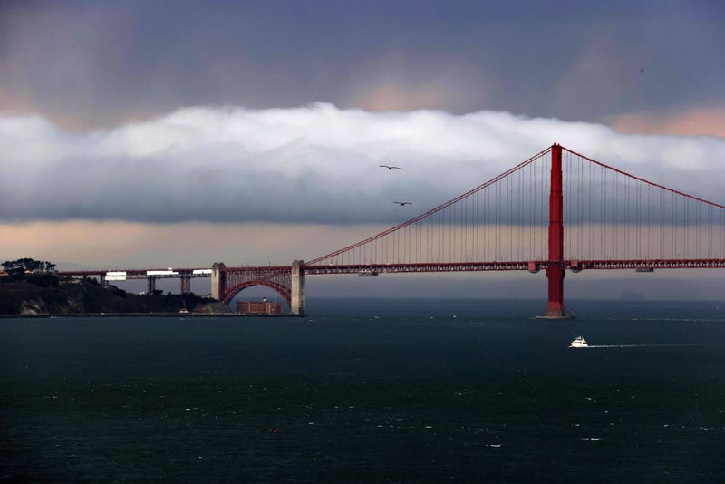 A weather system moves by the Golden Gate Bridge as seen from Alcatraz Island on August 17, 2020 in San Francisco, California.