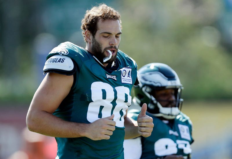 Dallas Goedert jogs during a team practice.
