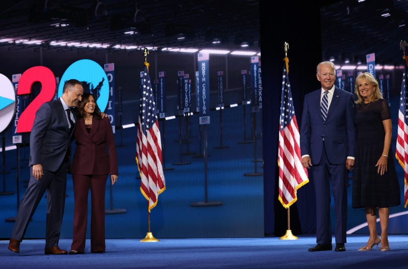Democratic vice presidential nominee U.S. Sen. Kamala Harris (D-CA) and her husband Douglas Emhoff and Democratic presidential nominee Joe Biden and his wife Dr. Jill Biden appear on stage after Harris delivered her acceptance speech on the third night of the Democratic National Convention from the Chase Center August 19, 2020 in Wilmington, Delaware. 