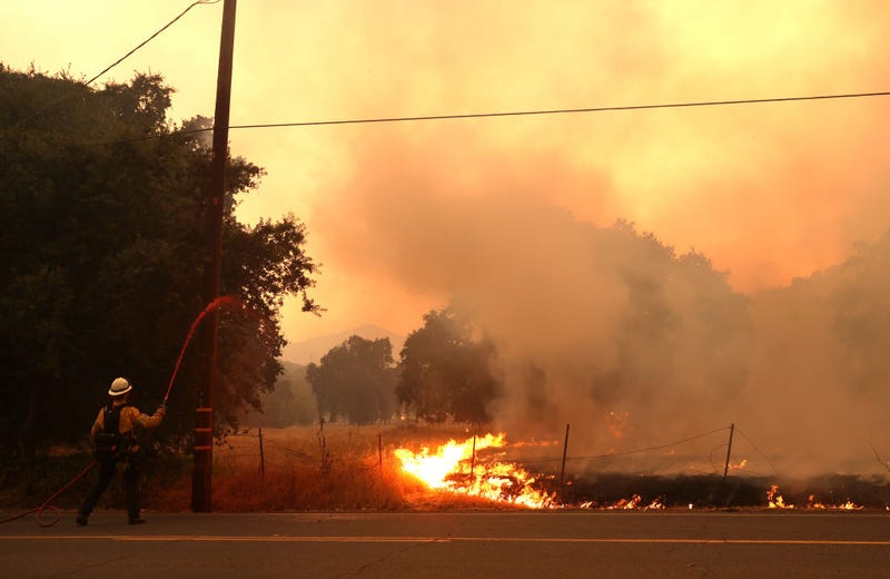 A Pacific Gas and Electric firefighter sprays retardant on a utility pole as the LNU Lightning Complex fire burns in the area on August 19, 2020 in Fairfield, California.