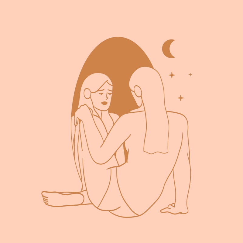 Beautiful woman looking into the mirror on her reflection drawn in simple minimalistic line style with celestial bodies on a pink background
