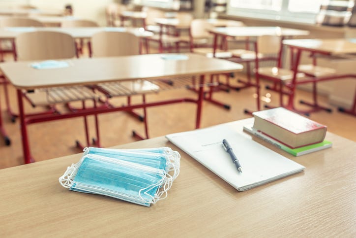 Empty class room with masks on the teachers desk.