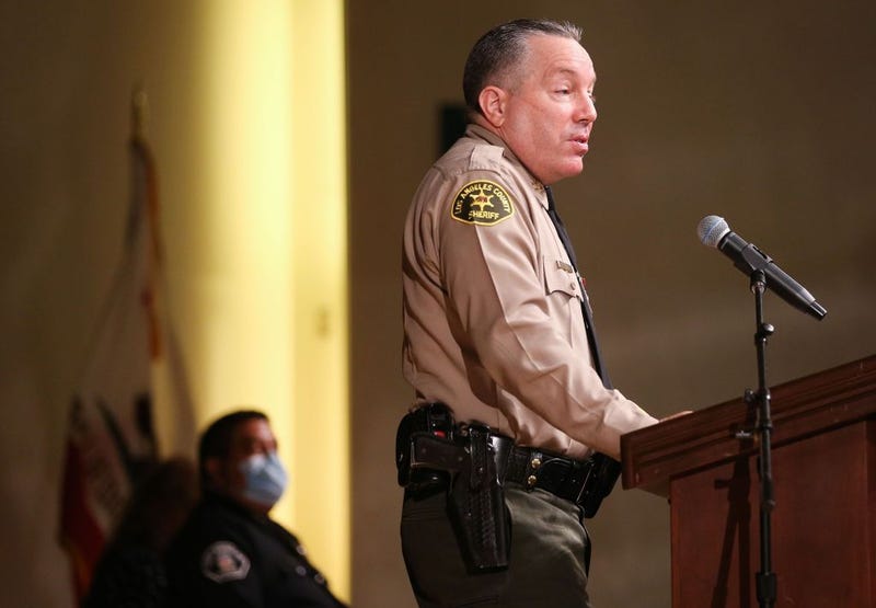 Los Angeles County Sheriff Alex Villanueva speaks at the graduation ceremony for Los Angeles County Sheriff's Department Academy Class 451 at East Los Angeles College amid the COVID-19 pandemic on August 21, 2020 in Monterey Park, California.