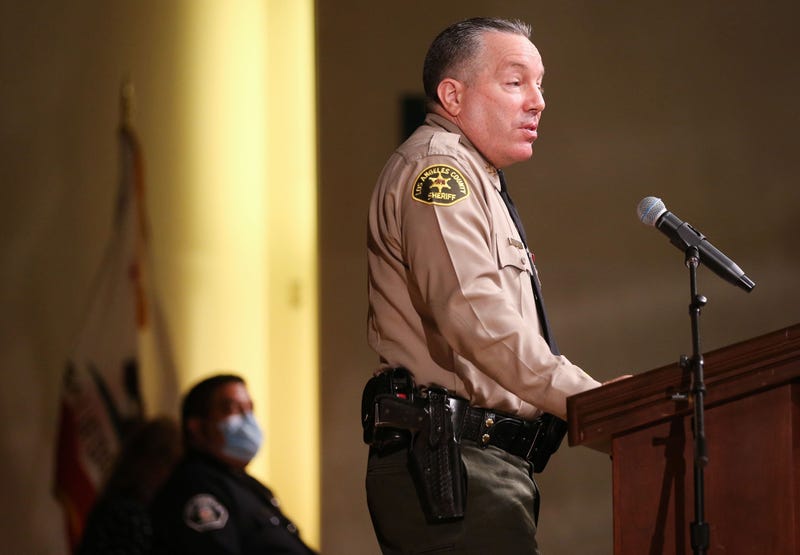 Los Angeles County Sheriff Alex Villanueva speaks at the graduation ceremony for Los Angeles County Sheriff's Department Academy Class 451 at East Los Angeles College amid the COVID-19 pandemic on August 21, 2020 in Monterey Park, California.