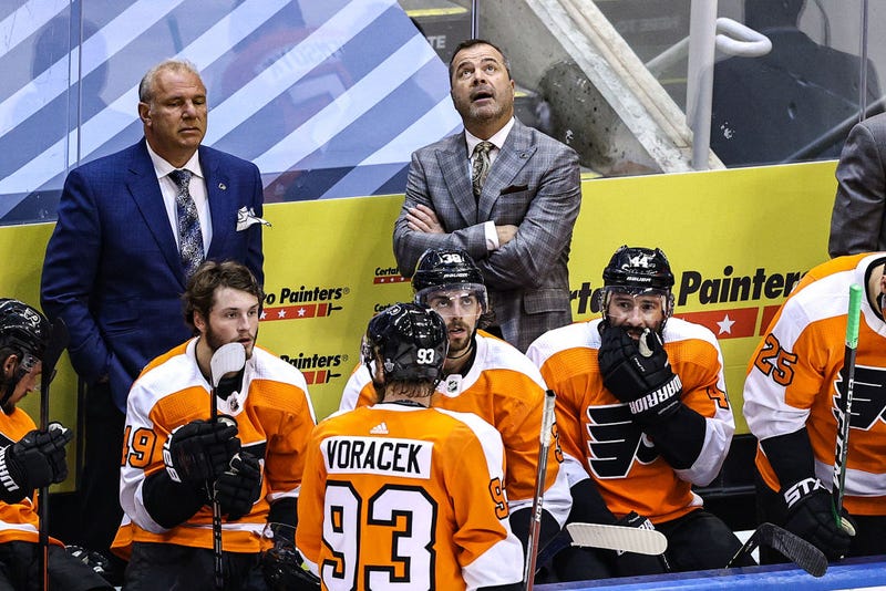 Head coach Alain Vigneault of the Philadelphia Flyers reacts