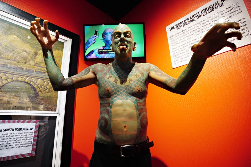 NEW YORK, NEW YORK - AUGUST 26: A figure of 'The Lizardman' Erik Sprague is on display as Ripley's Believe It or Not! Times Square re-opens to the public during Phase 4 of re-opening following restrictions imposed to slow the spread of coronavirus on August 26, 2020 in New York City. The fourth phase allows outdoor arts and entertainment, sporting events without fans and media production. (Photo by Cindy Ord/Getty Images)
